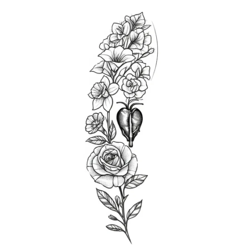 Fine Line Floral Sleeve Tattoo: Bleeding Heart, Rose & More Fine Line Floral Sleeve Tattoo: Bleeding Heart, Rose & More