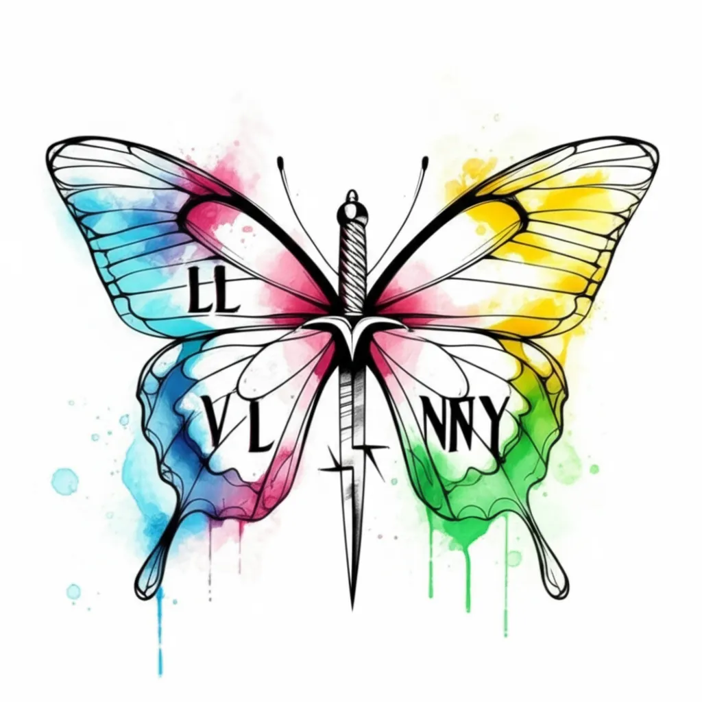 Watercolor Butterfly Tattoo with Dagger and Name 'Vinny'