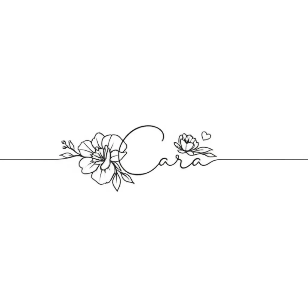 Cara Name Tattoo with Flowers and Heart - Minimalist Design