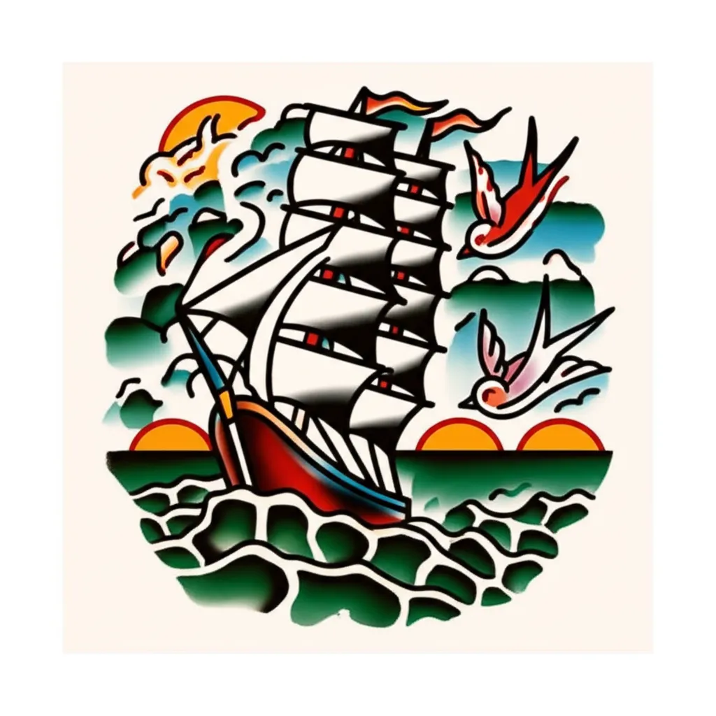 American Traditional Clipper Ship Tattoo with Swallows