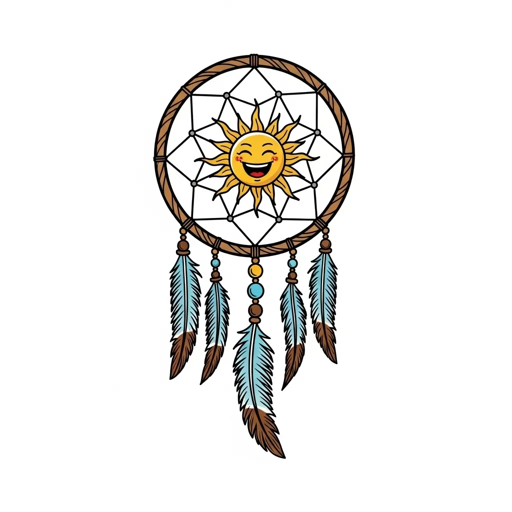 Dreamcatcher with Happy Sun Anime Style Thigh Tattoo Dreamcatcher with Happy Sun Anime Style Thigh Tattoo