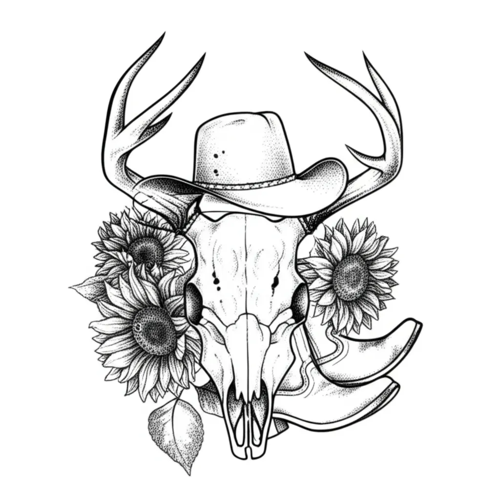 Deer Skull Tattoo with Sunflowers, Cowboy Boots & Hat - Fine Line Western Art Deer Skull Tattoo with Sunflowers, Cowboy Boots & Hat - Fine Line Western Art
