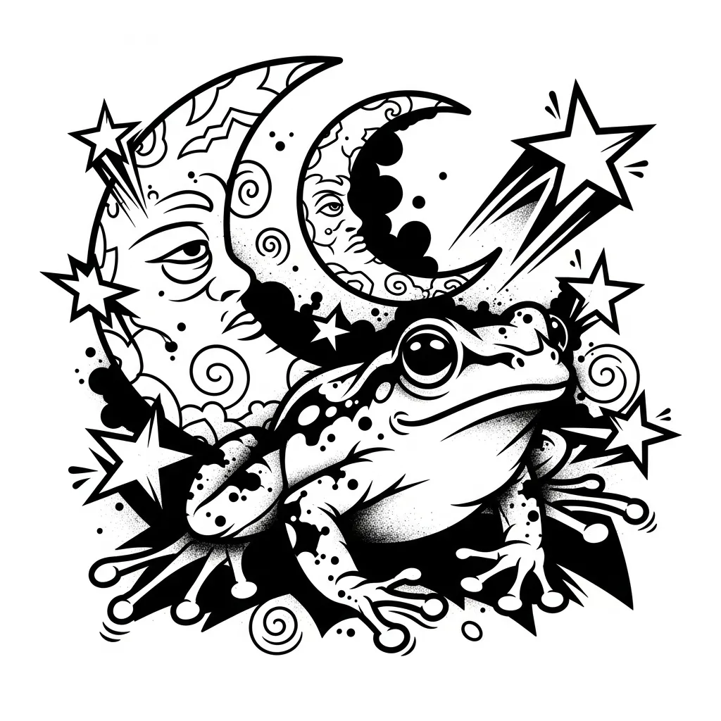 Graffiti Style Moon, Stars and Frog Tattoo Design