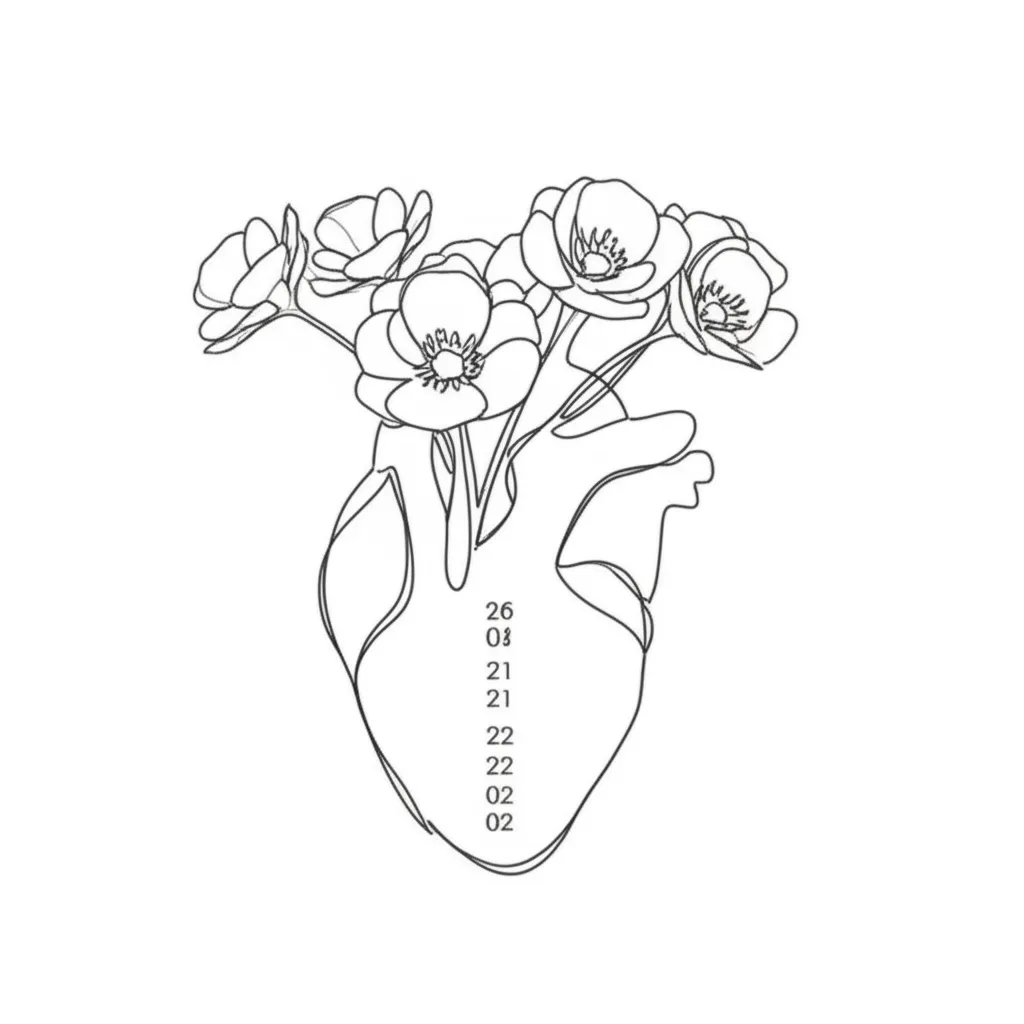 Minimalist Heart with Flowers and Numbers Tattoo Design Minimalist Heart with Flowers and Numbers Tattoo Design