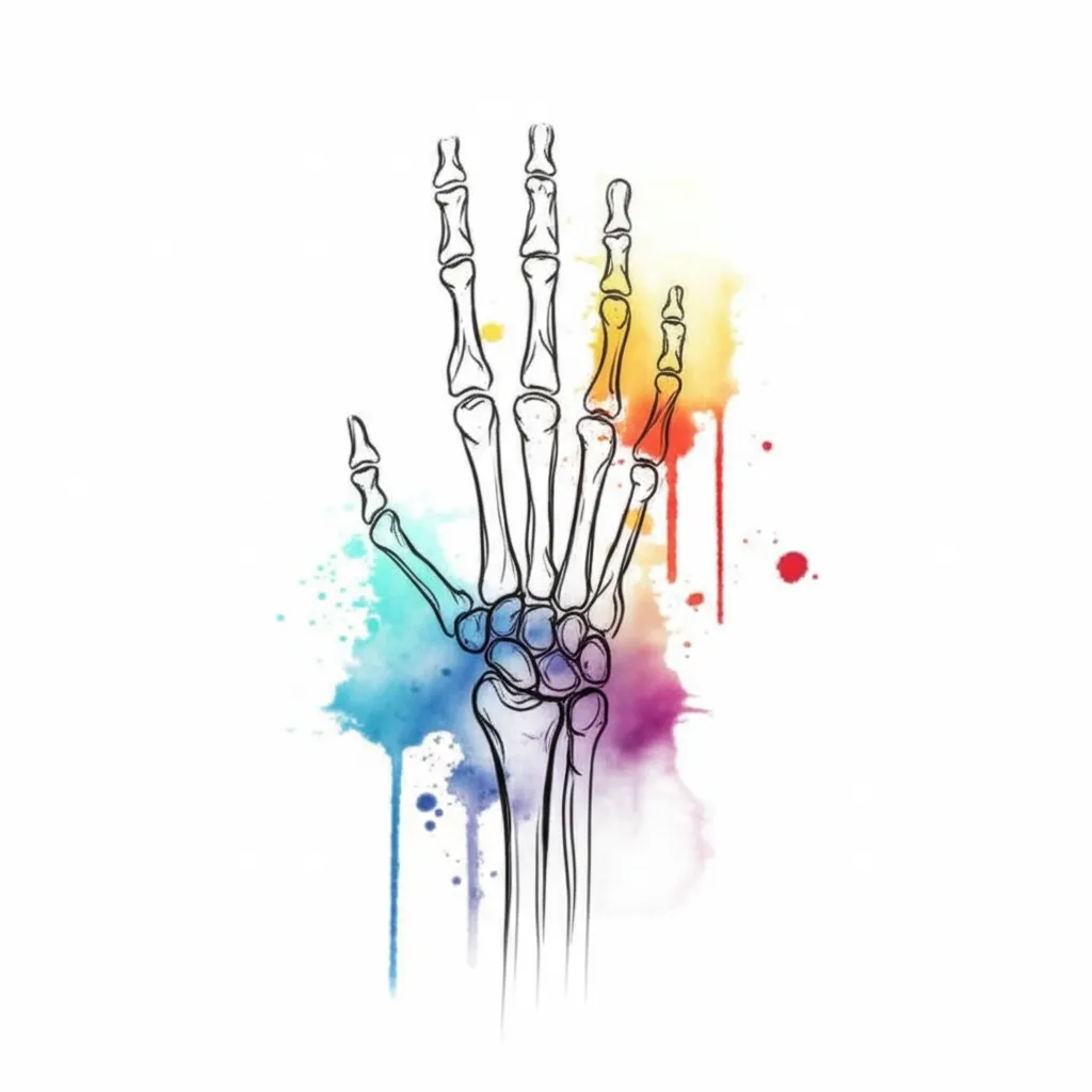 Watercolor Skeleton Hand Tattoo: Unique Finger & Wrist Design Watercolor Skeleton Hand Tattoo: Unique Finger & Wrist Design