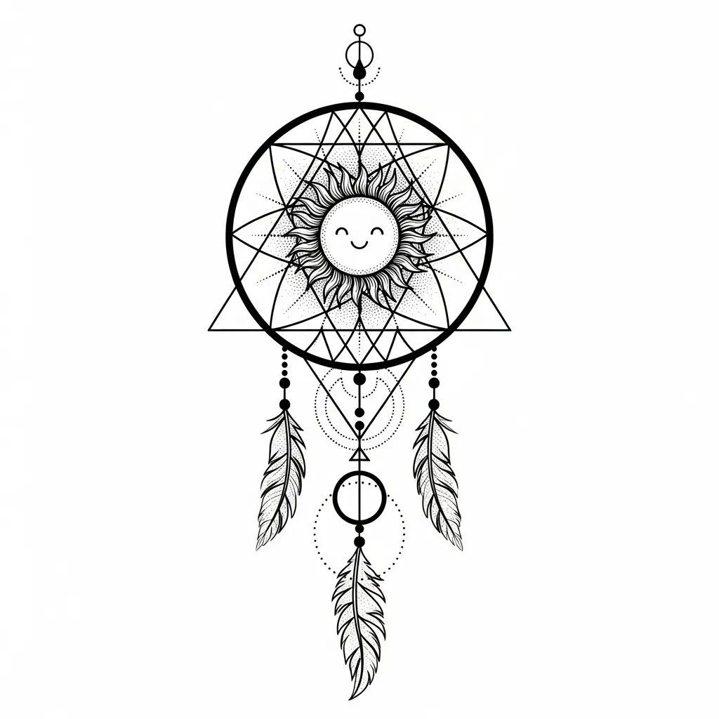 Dreamcatcher Sun Thigh Tattoo - Geometric Style Dreamcatcher Sun Thigh Tattoo - Geometric Style