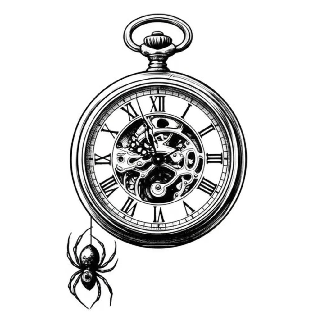 Gothic Clock and Spider Tattoo Design