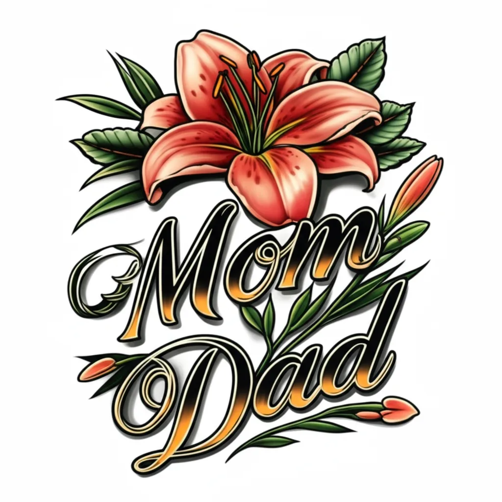 Mom and Dad Name Tattoo with Lilies - Neo Traditional Style Mom and Dad Name Tattoo with Lilies - Neo Traditional Style