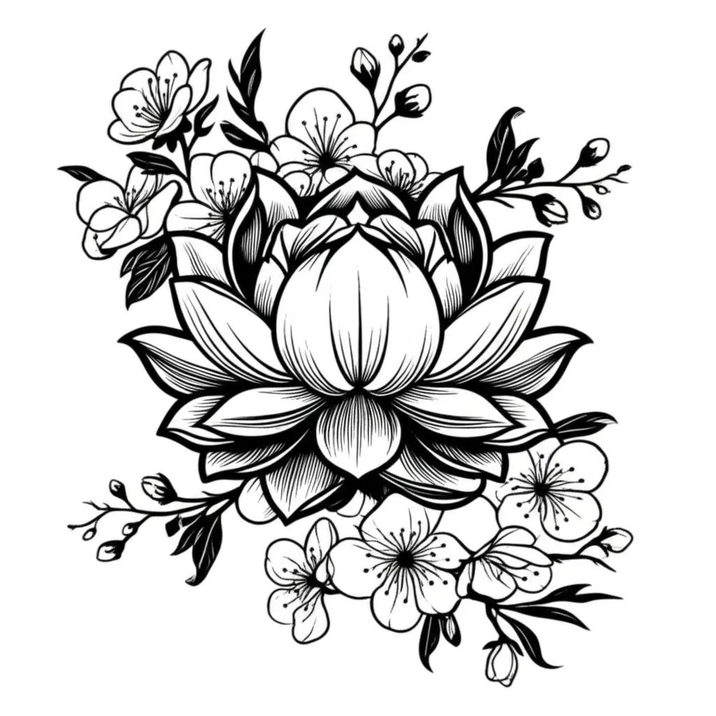 Blackwork Lotus and Cherry Blossom Tattoo Design Blackwork Lotus and Cherry Blossom Tattoo Design