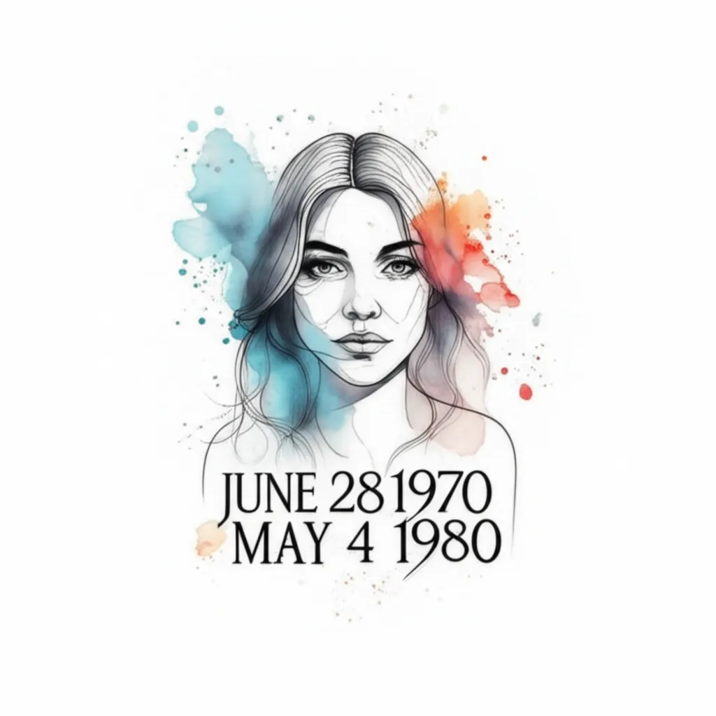 Watercolor Tattoo of Dates: June 28 1970 & May 4 1980