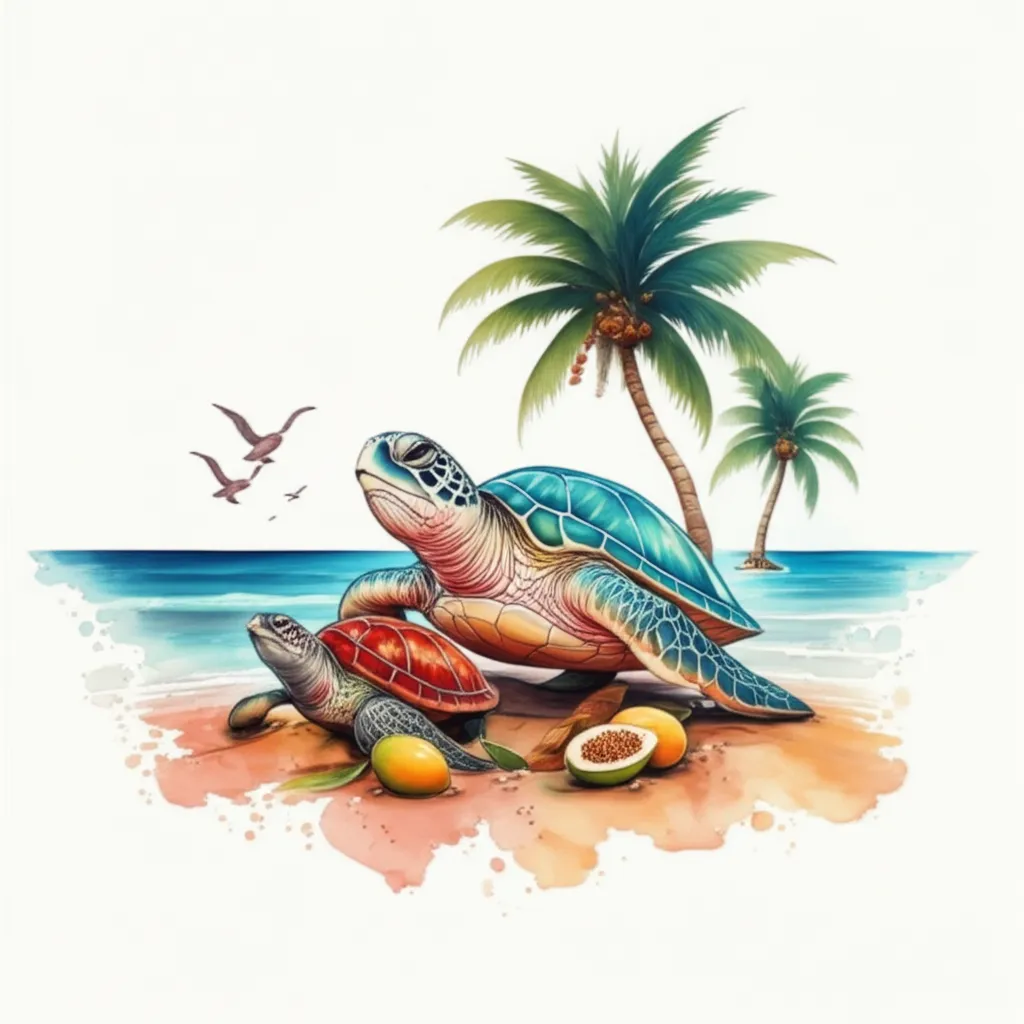 Watercolor Turtle Tattoo on Beach with Palm Trees & Mangos