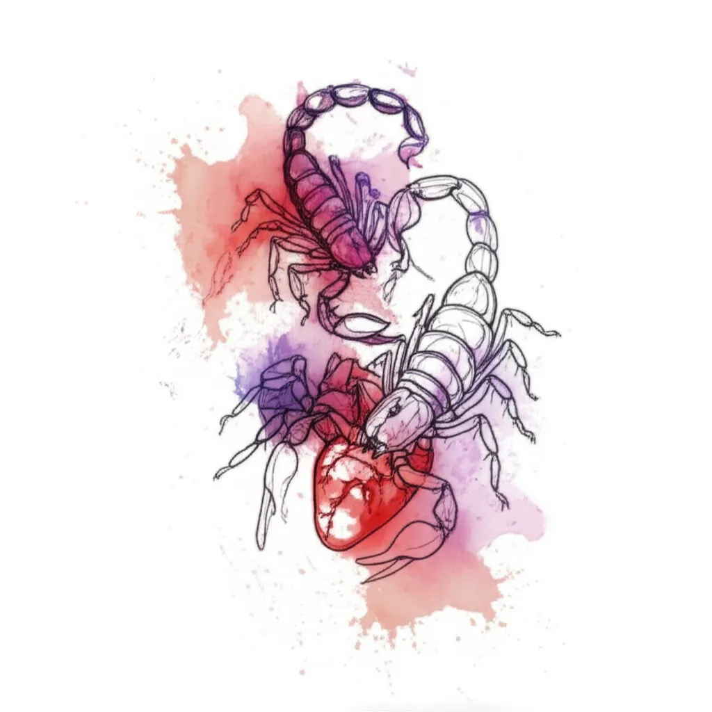 Watercolor Scorpion Tattoo on Arm Stabbing Heart - Unique Design Watercolor Scorpion Tattoo on Arm Stabbing Heart - Unique Design