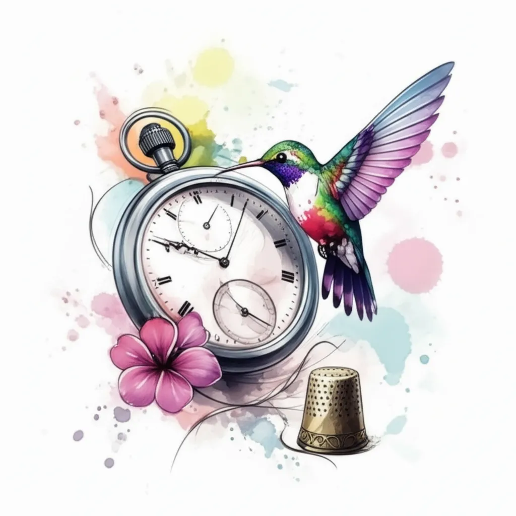 Watercolor Hummingbird & Broken Watch Tattoo Design