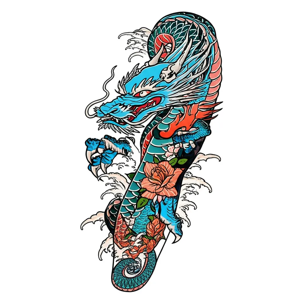 Blue Dragon Tattoo with Flames, Clouds & Roses - Japanese Style