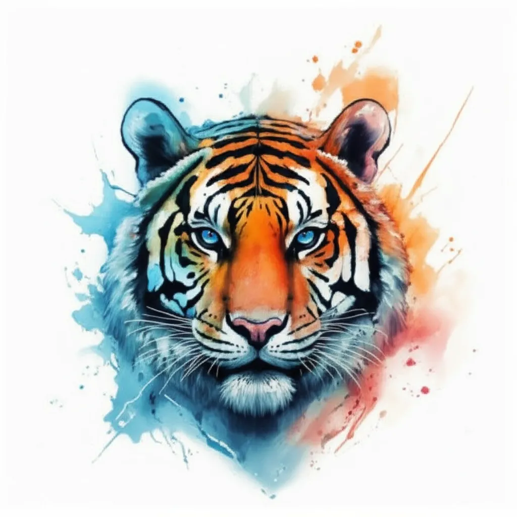 Watercolor Tiger Arm Sleeve Tattoo with Blue Eyes and Libra Sign Watercolor Tiger Arm Sleeve Tattoo with Blue Eyes and Libra Sign