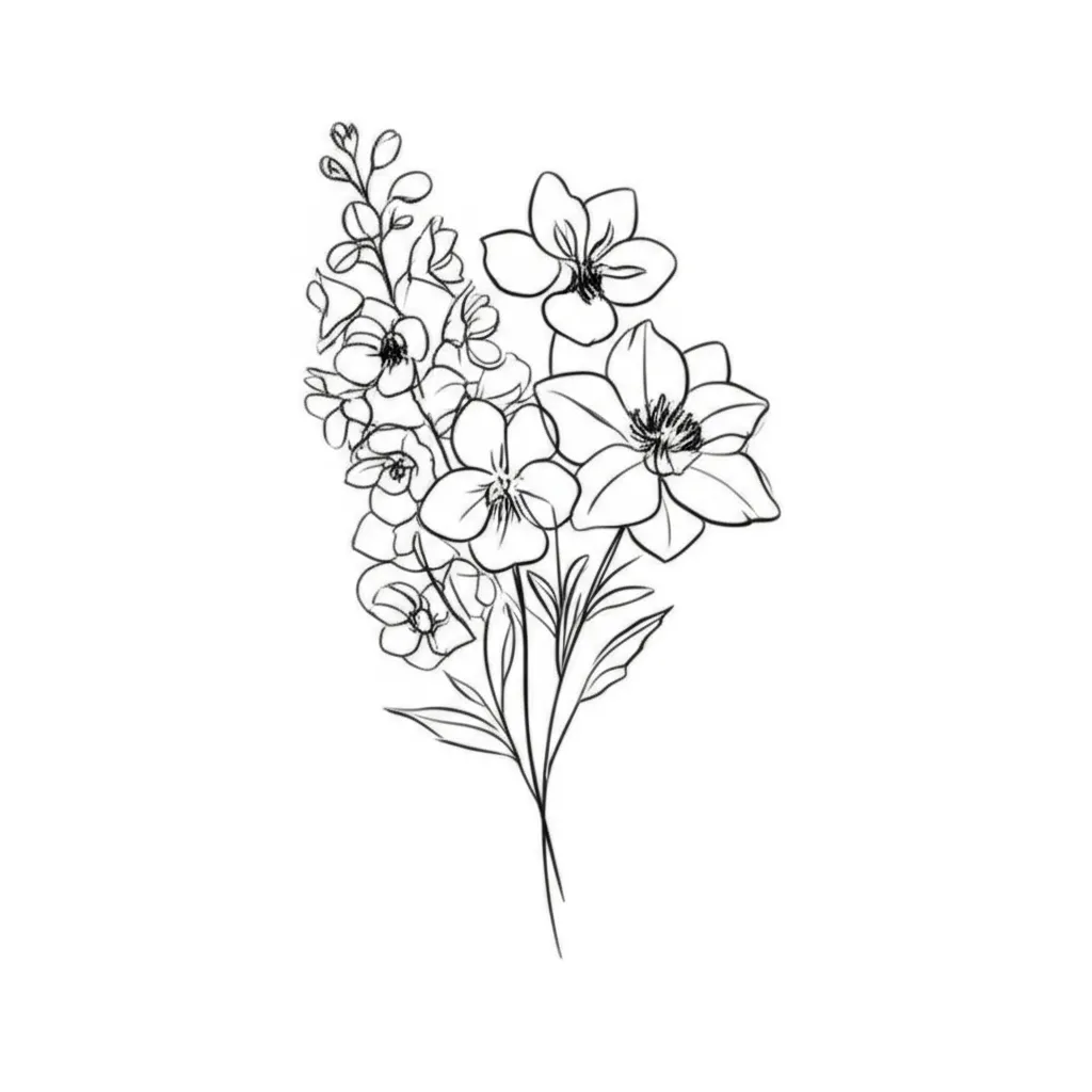 Minimalist Violet, Larkspur, and Paper White Flower Bouquet Tattoo Minimalist Violet, Larkspur, and Paper White Flower Bouquet Tattoo