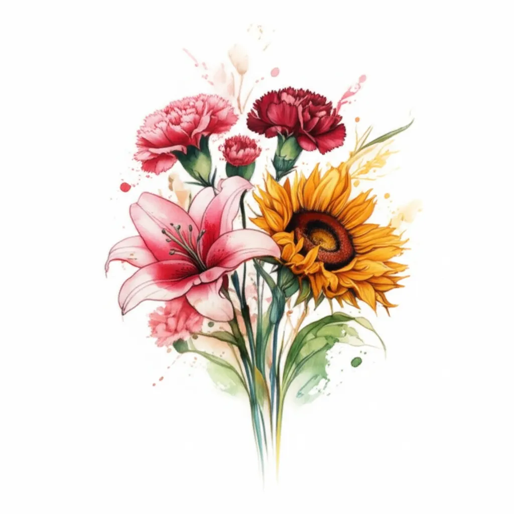 Watercolor Bouquet Tattoo: Pink Carnation, Lily & Sunflower Design