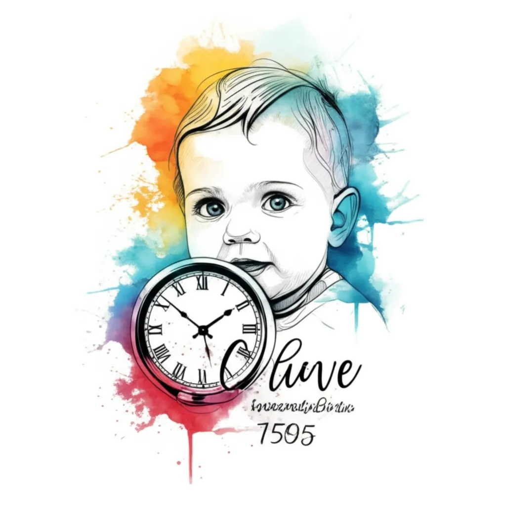 Watercolor Tattoo of Child's Name, Birthdate, and Clock Watercolor Tattoo of Child's Name, Birthdate, and Clock