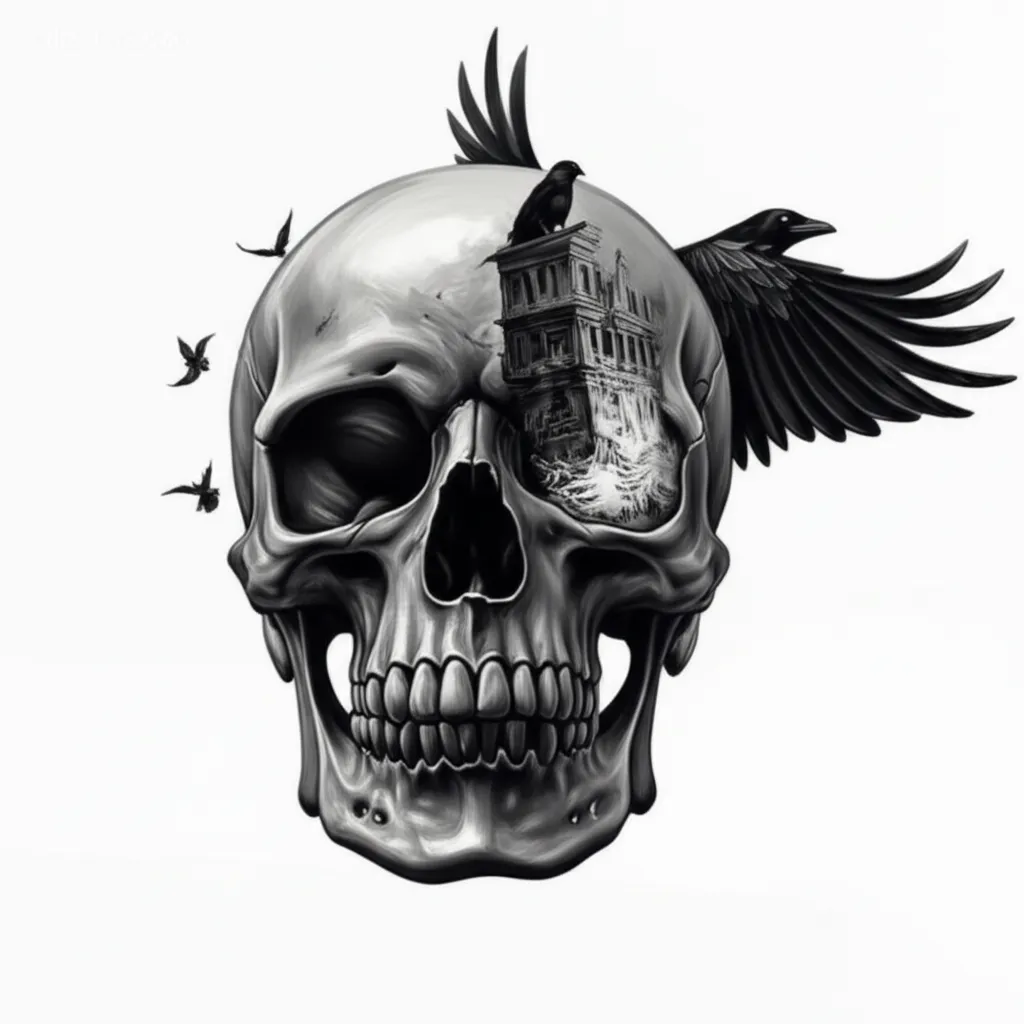 Realism Skull Tattoo with Crows and Abandoned Building Realism Skull Tattoo with Crows and Abandoned Building