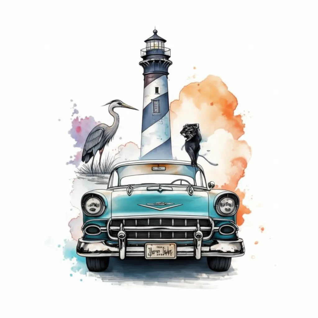 Watercolor Tattoo of 1955 Chevy Belair, Lighthouse, Crane, and Black Cougar