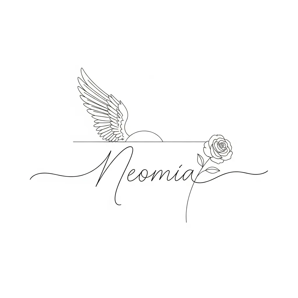 Minimalist 'Neomia' Name Tattoo with Rose & Angel Wing Design Minimalist 'Neomia' Name Tattoo with Rose & Angel Wing Design