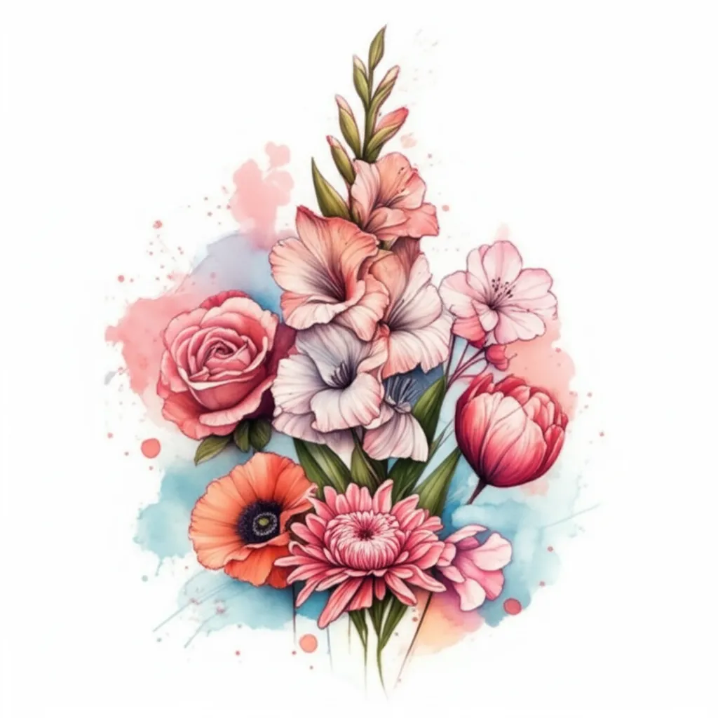 Birth Flower Family Tattoo: Watercolor Gladiolus, Rose, Sakura Design Birth Flower Family Tattoo: Watercolor Gladiolus, Rose, Sakura Design