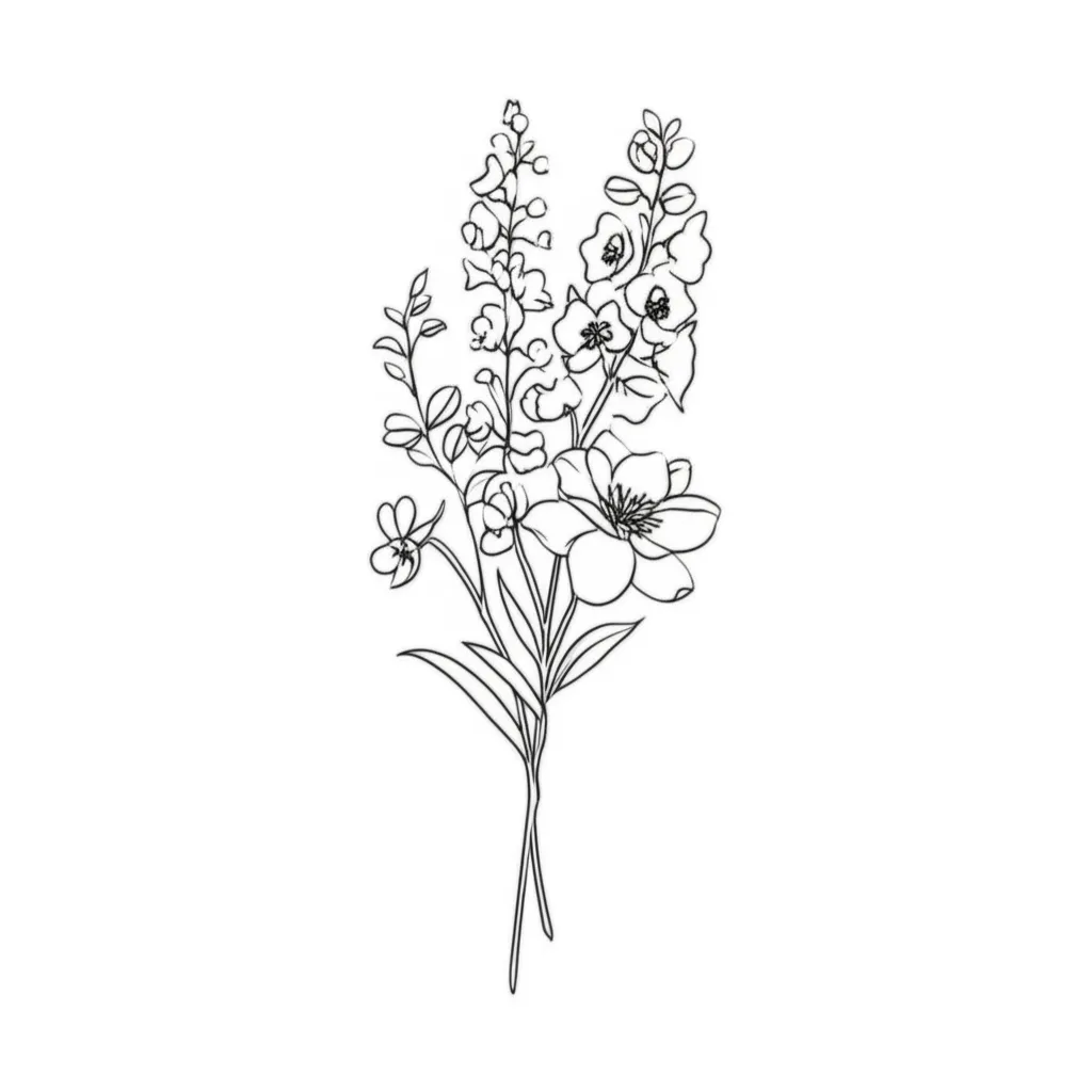 Minimalist Violet, Larkspur & Paper White Flower Bouquet Tattoo Idea Minimalist Violet, Larkspur & Paper White Flower Bouquet Tattoo Idea