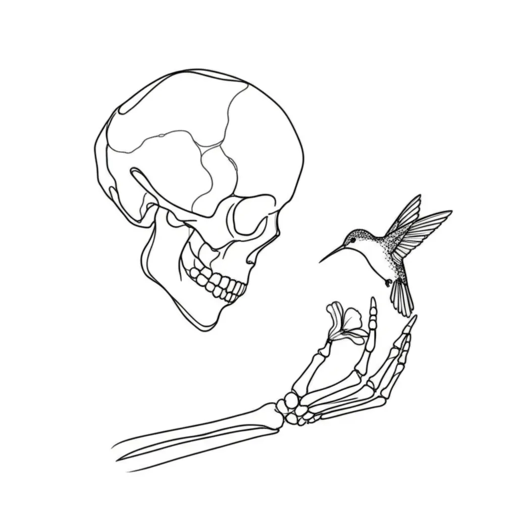 Minimalist Skeleton and Hummingbird Tattoo Design