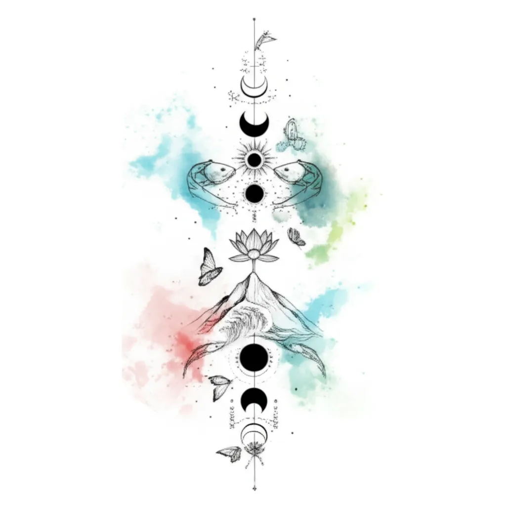 Celestial Spine Tattoo with Pisces, Moon Phases & Lotus Design Celestial Spine Tattoo with Pisces, Moon Phases & Lotus Design