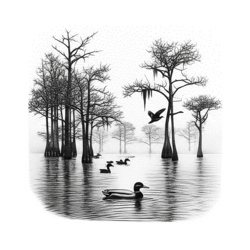 Louisiana Swamp Dotwork Tattoo: Winter Scene with Ducks