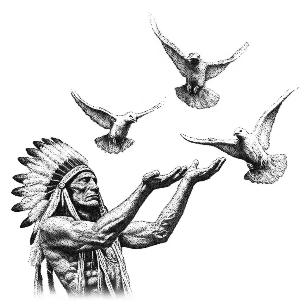 American Indian Freeing Doves Dotwork Tattoo Idea American Indian Freeing Doves Dotwork Tattoo Idea