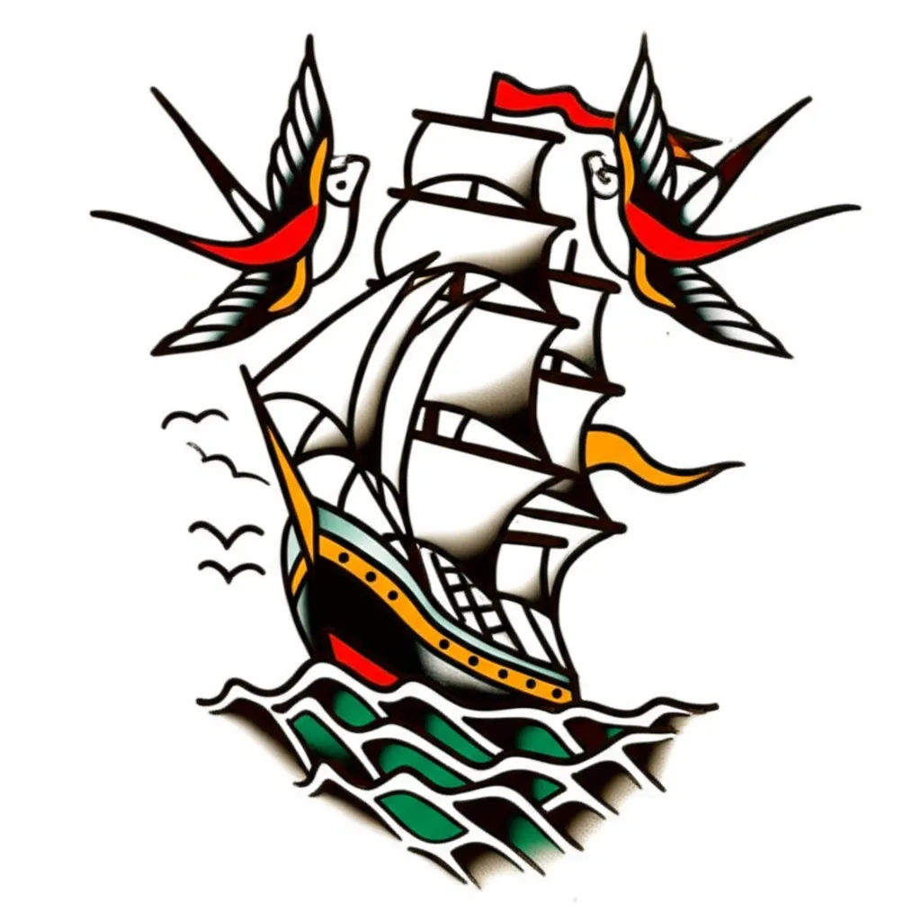 American Traditional Clipper Ship Tattoo with Swallows American Traditional Clipper Ship Tattoo with Swallows