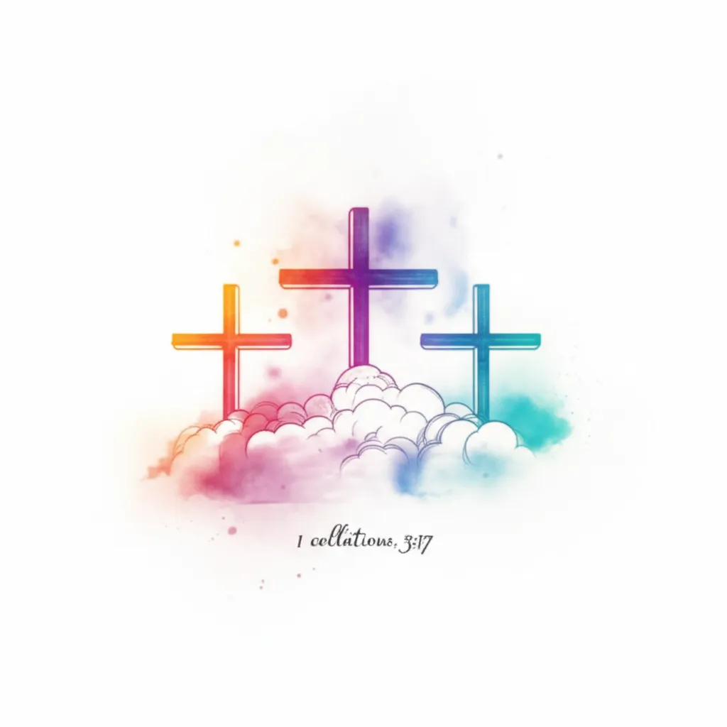 Watercolor Three Crosses with Clouds and Bible Verse Tattoo Watercolor Three Crosses with Clouds and Bible Verse Tattoo