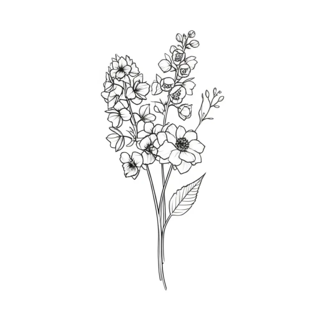 Minimalist Violet, Larkspur & Paper White Flower Bouquet Tattoo Minimalist Violet, Larkspur & Paper White Flower Bouquet Tattoo