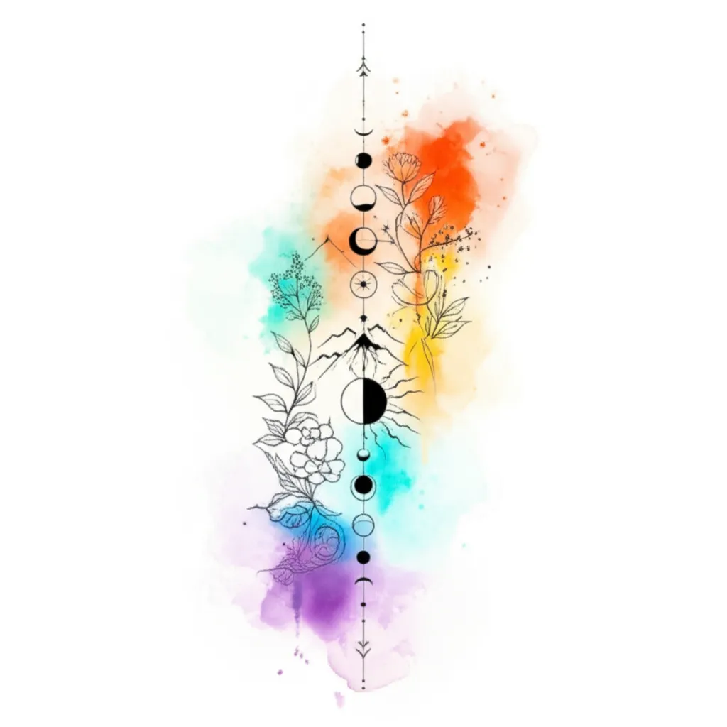 Celestial Spine Tattoo: Pisces, Moon Phases & Nature Celestial Spine Tattoo: Pisces, Moon Phases & Nature