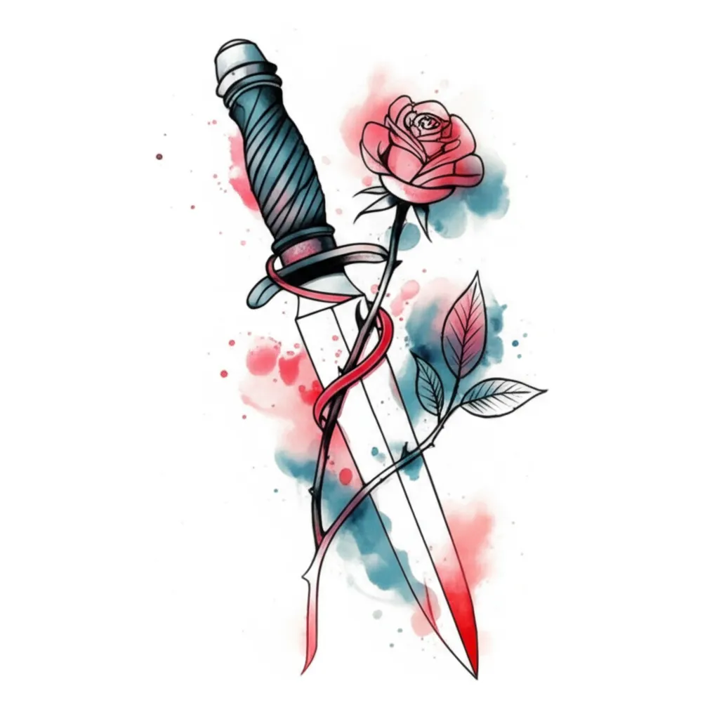 Watercolor Knife and Rose Tattoo Design Idea Watercolor Knife and Rose Tattoo Design Idea
