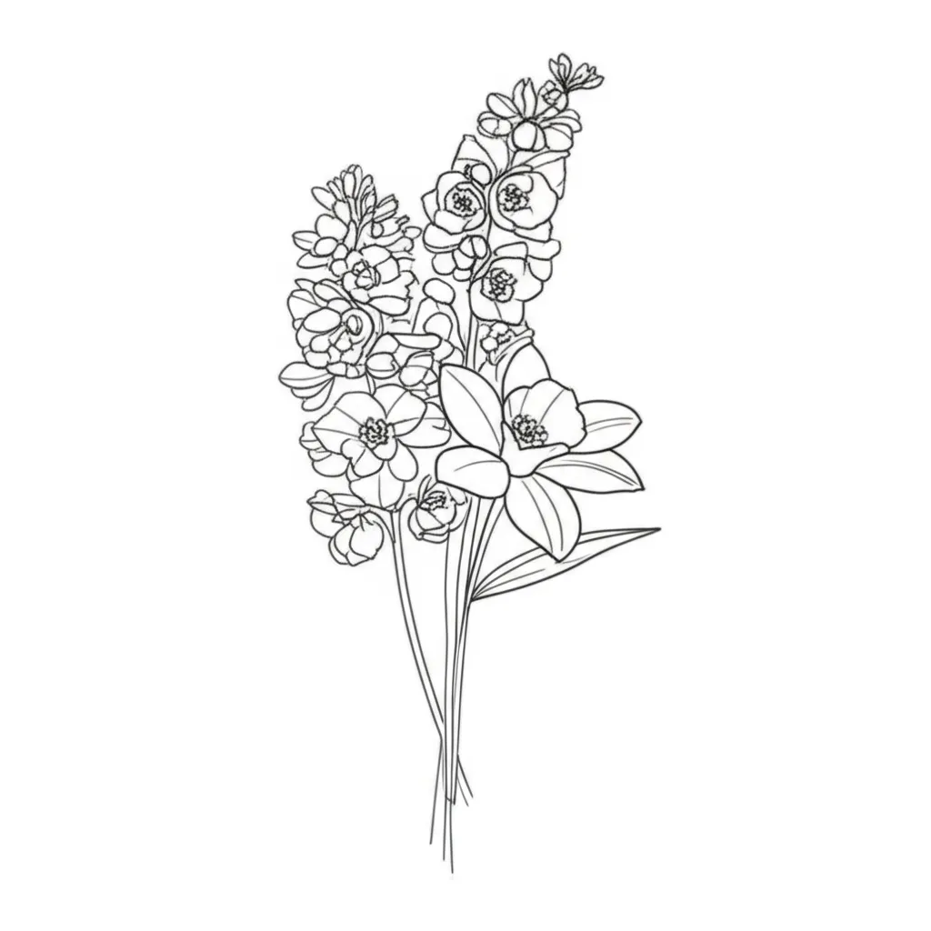 Minimalist Violet, Larkspur, and Paper White Flower Bouquet Tattoo Minimalist Violet, Larkspur, and Paper White Flower Bouquet Tattoo