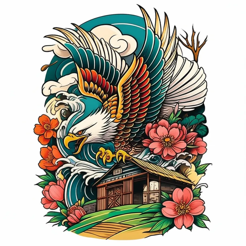 Japanese Traditional Farm and Eagle Tattoo Design Japanese Traditional Farm and Eagle Tattoo Design