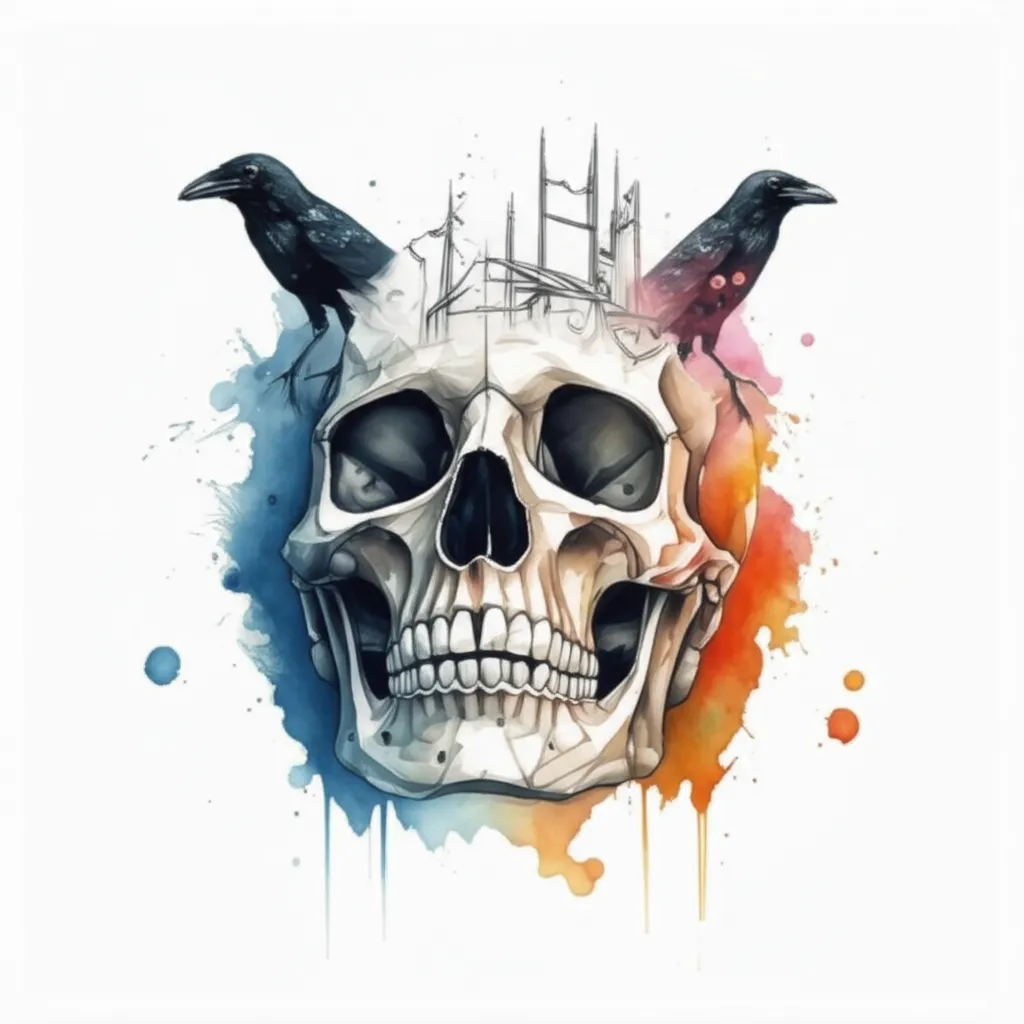 Watercolor Skull with Crows and Abandoned Buildings Tattoo