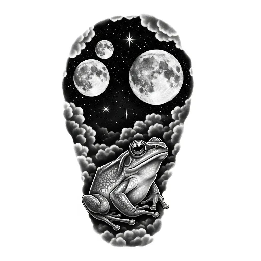 Realistic Moon and Stars with Frog Tattoo Design