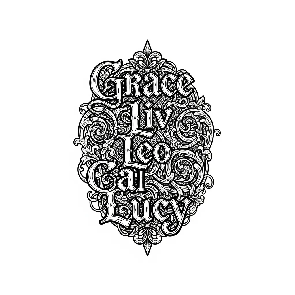 Gothic Names Tattoo: Grace, Liv, Leo, Cal, Lucy - Unique Design