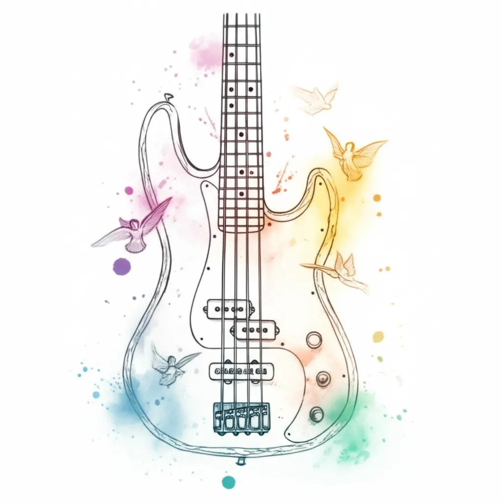 Watercolor Bass Guitar Tattoo with Angels and Name