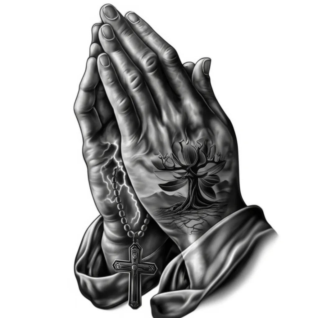 Realistic Prayer Hands Tattoo with Storm, Lotus, and Tree of Life Realistic Prayer Hands Tattoo with Storm, Lotus, and Tree of Life