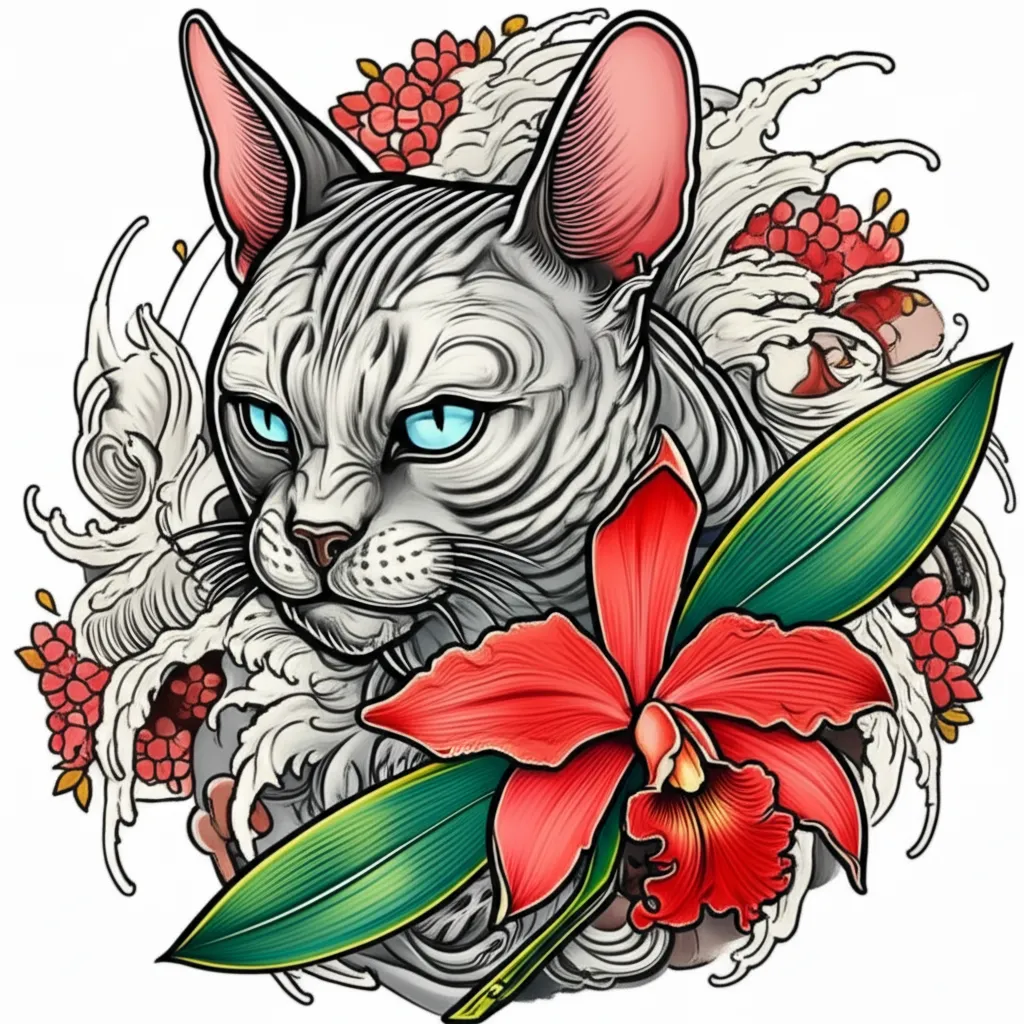 American Shorthair Cat with Cattleya Trianae Japanese Tattoo American Shorthair Cat with Cattleya Trianae Japanese Tattoo