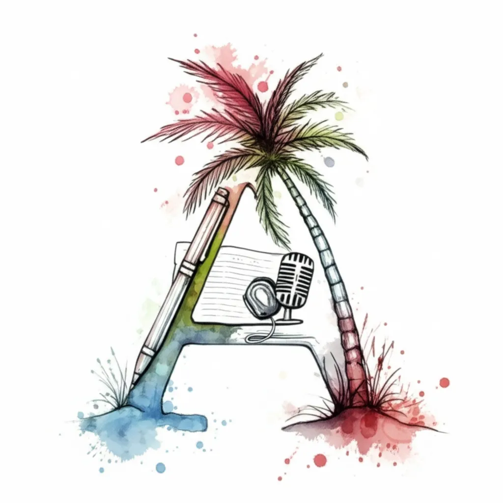 Watercolor Letter A Tattoo with Palm Trees, Pen, and Microphone Watercolor Letter A Tattoo with Palm Trees, Pen, and Microphone