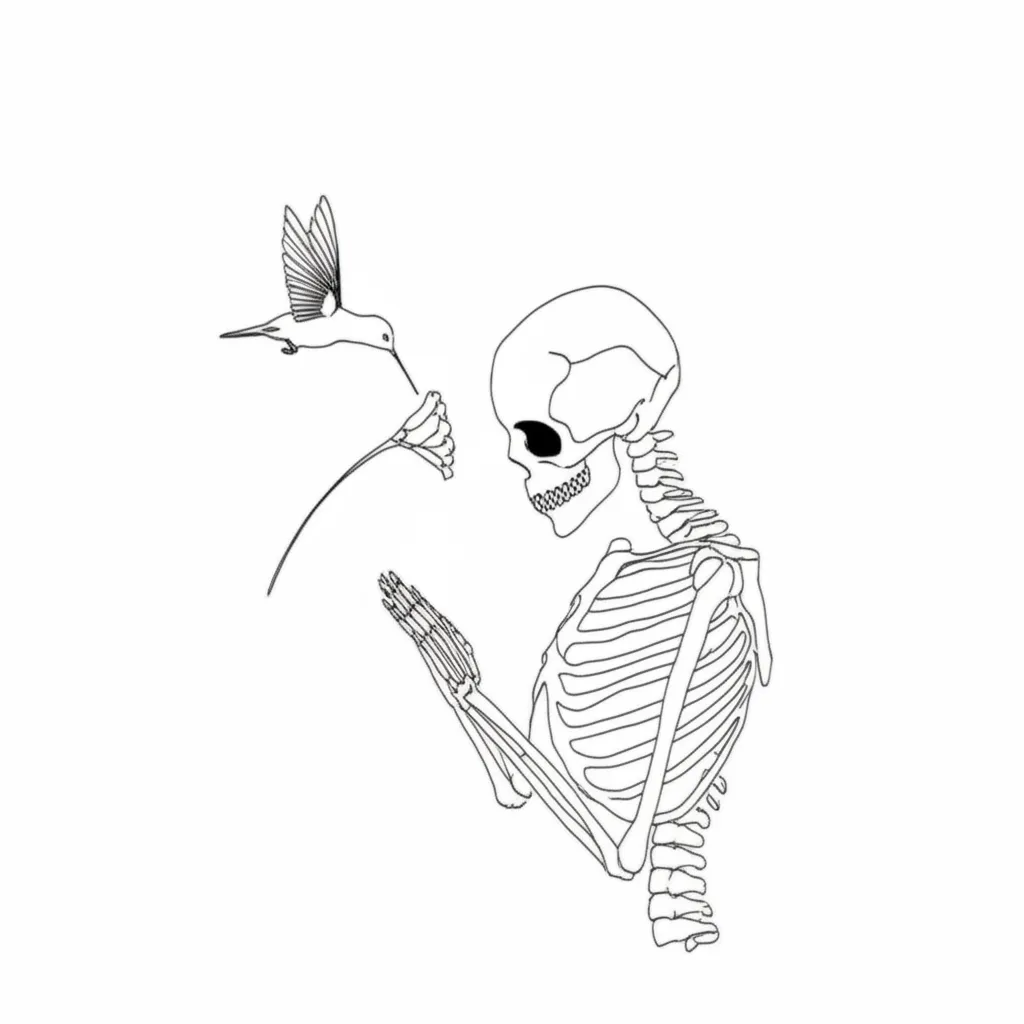 Minimalist Skeleton and Hummingbird Tattoo Design