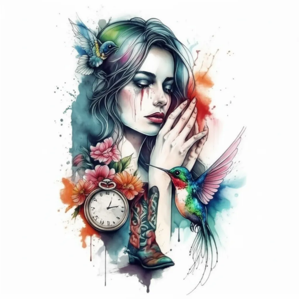 Watercolor Crying Girl with Hummingbird and Cowboy Boot Tattoo Watercolor Crying Girl with Hummingbird and Cowboy Boot Tattoo