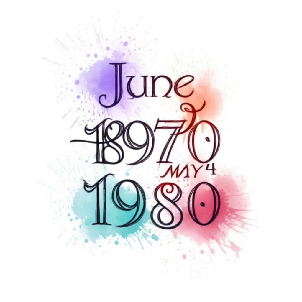 Watercolor Roman Numeral Date Tattoo: June 28 1970 & May 4 1980