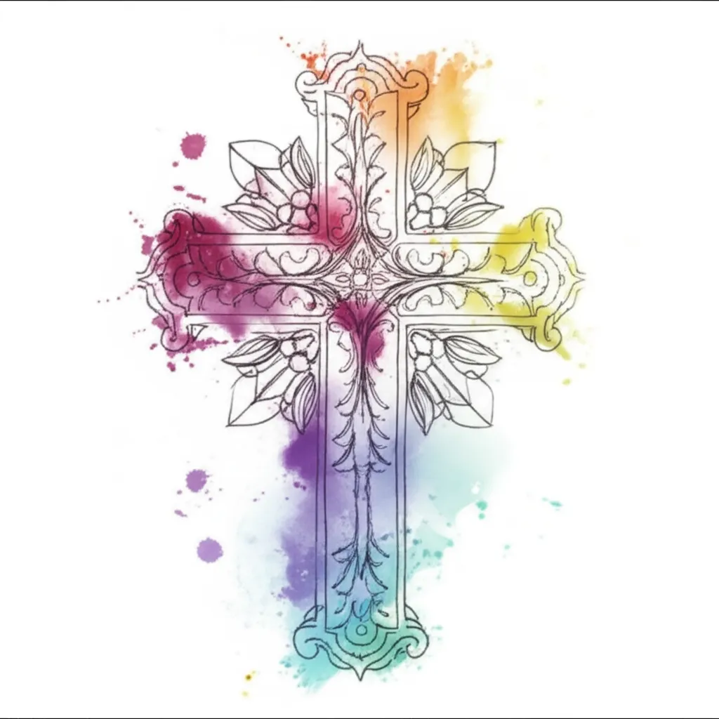 Watercolor Cross Tattoo Design with Floral Details Watercolor Cross Tattoo Design with Floral Details