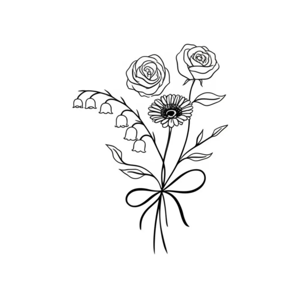 Minimalist Floral Bouquet Tattoo: Lily of the Valley, Rose, Daisy & Poppy Minimalist Floral Bouquet Tattoo: Lily of the Valley, Rose, Daisy & Poppy